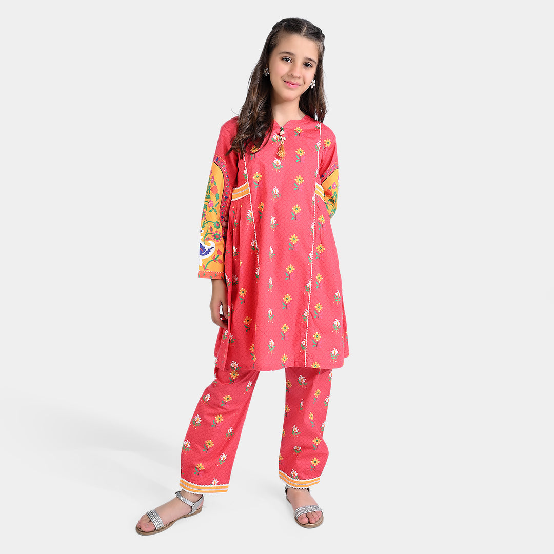 Girls Cotton Poplin Printed 2 PCs Suit Mehrab-Red