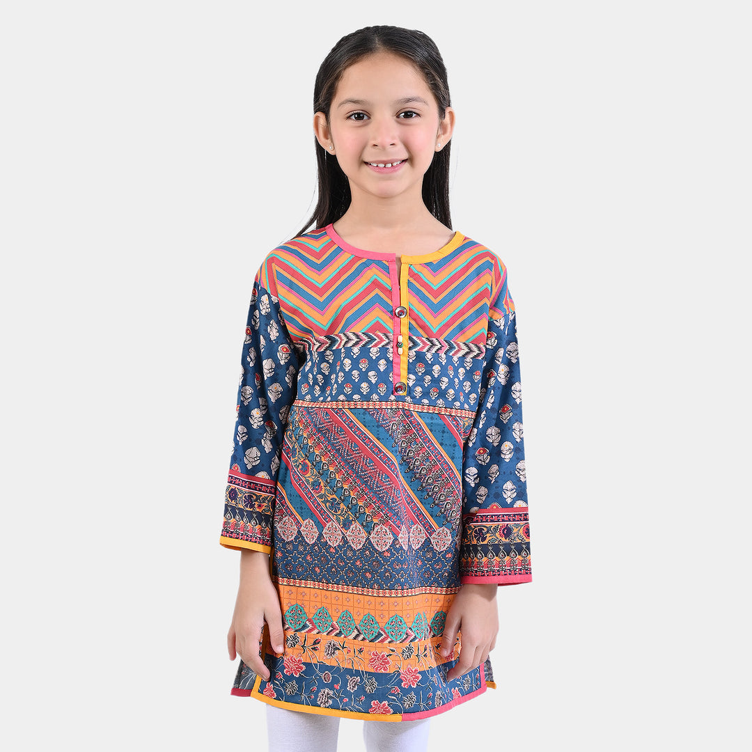 Girls Cotton Poplin Printed Kurti Blocking-Multi