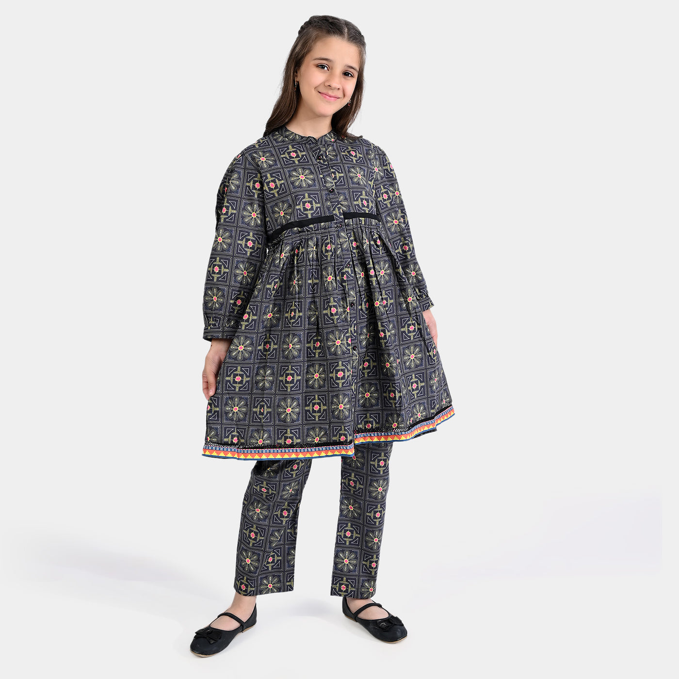 Girls Cotton Poplin Printed 2 PCs Suit Kantha-BLACK