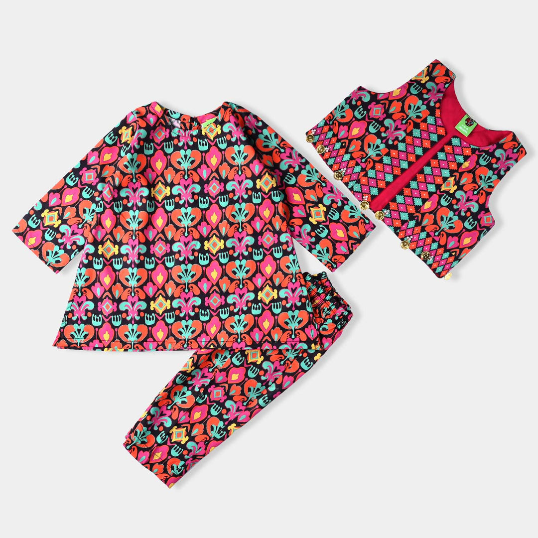 Infant Girls Cotton Poplin Printed 3 Pcs Suit Kailash-Multi