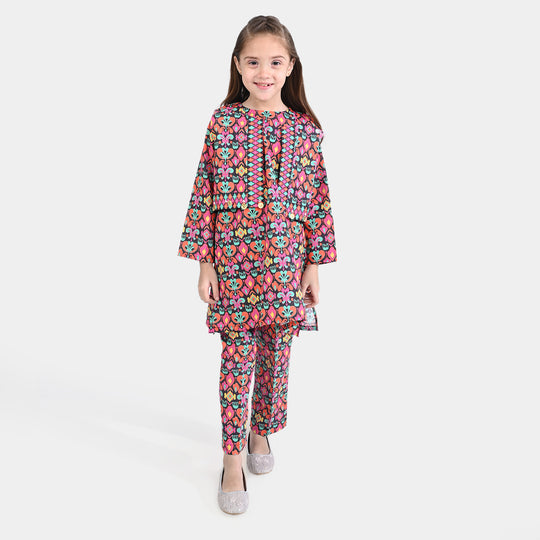 Girls Cotton Poplin Printed 3 PCs Suit Kailash-Multi