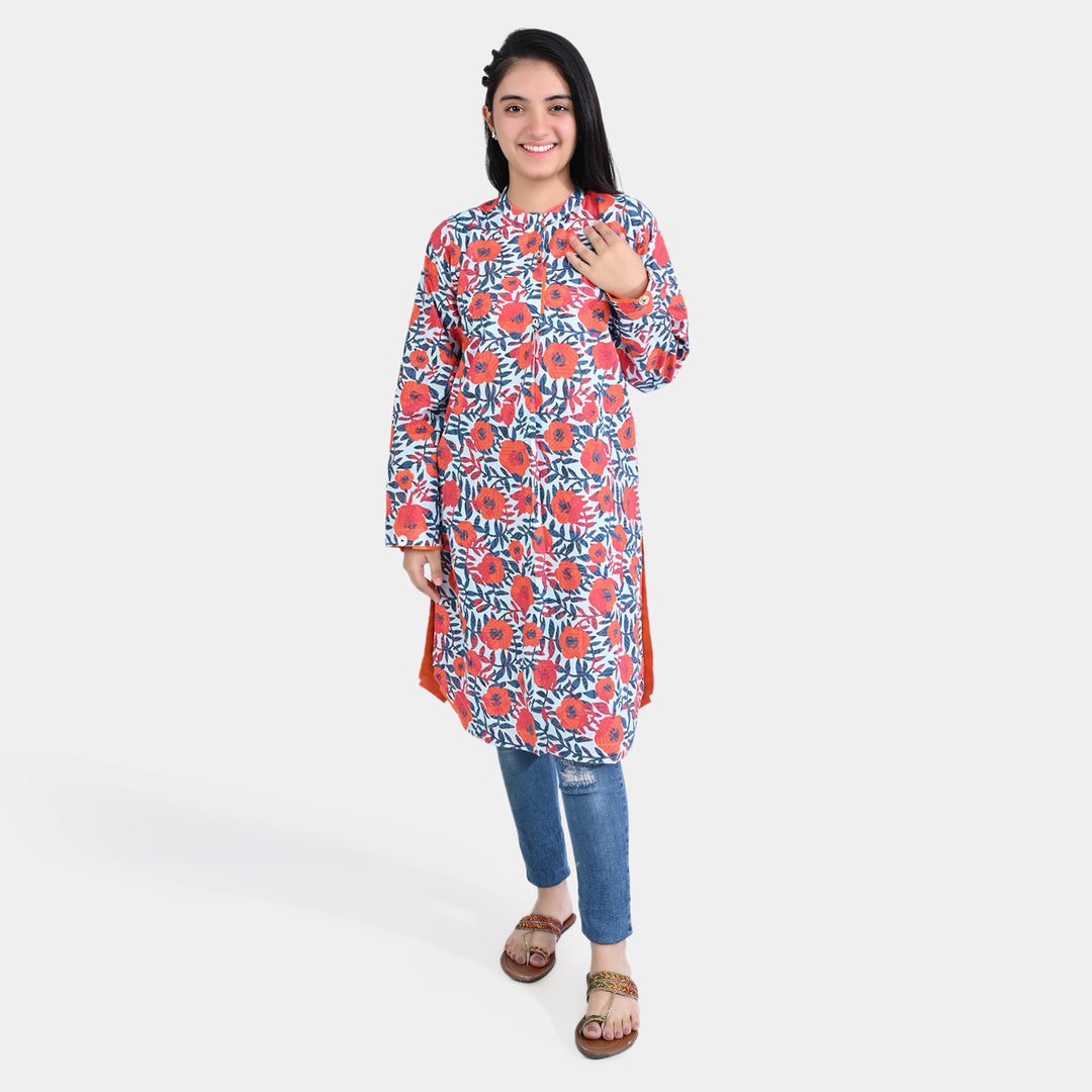 Teen Girls Cotton Poplin Printed Kurti Floral-Red