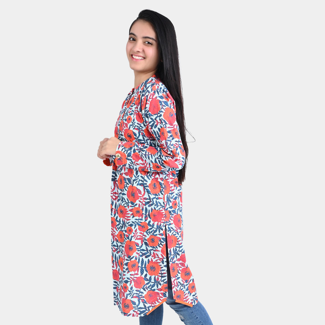 Teen Girls Cotton Poplin Printed Kurti Floral-Red