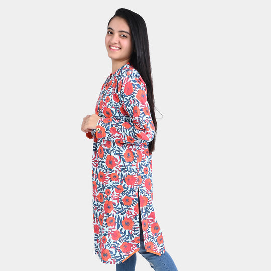 Teen Girls Cotton Poplin Printed Kurti Floral-Red