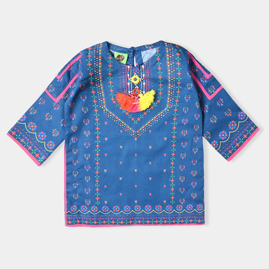 Infant Girls Cotton Poplin Printed Kurti Moral-Blue
