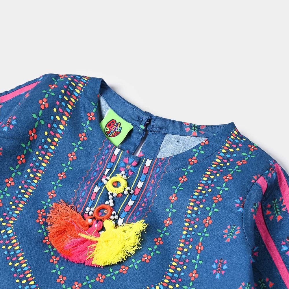Infant Girls Cotton Poplin Printed Kurti Moral-Blue