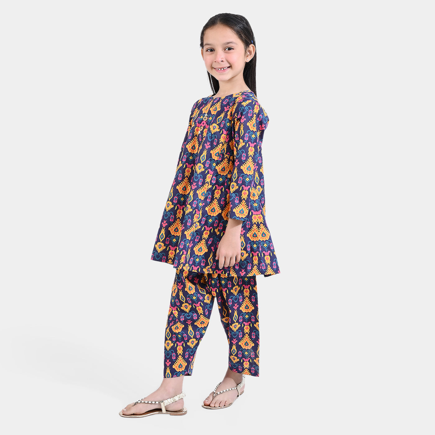 Girls Cotton Poplin Printed 2 PCs Suit Ikat Kids-Purple
