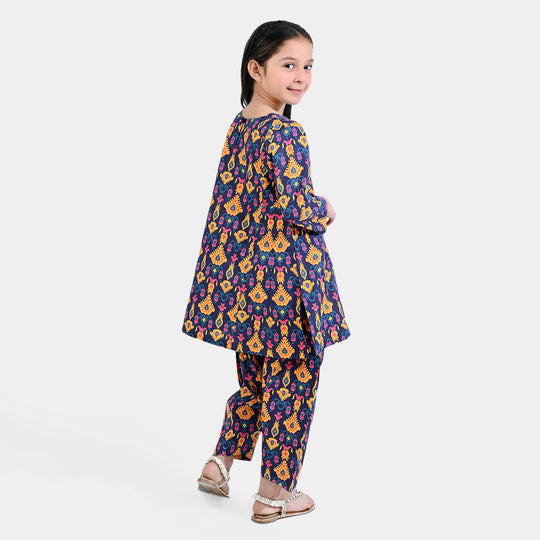 Girls Cotton Poplin Printed 2 PCs Suit Ikat Kids-Purple