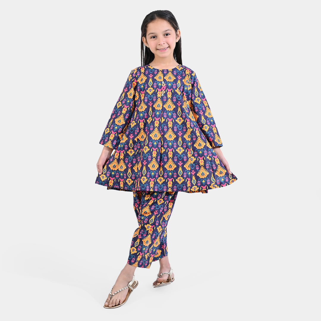 Girls Cotton Poplin Printed 2 PCs Suit Ikat Kids-Purple