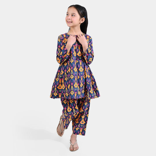 Girls Cotton Poplin Printed 2 PCs Suit Ikat Kids-Purple