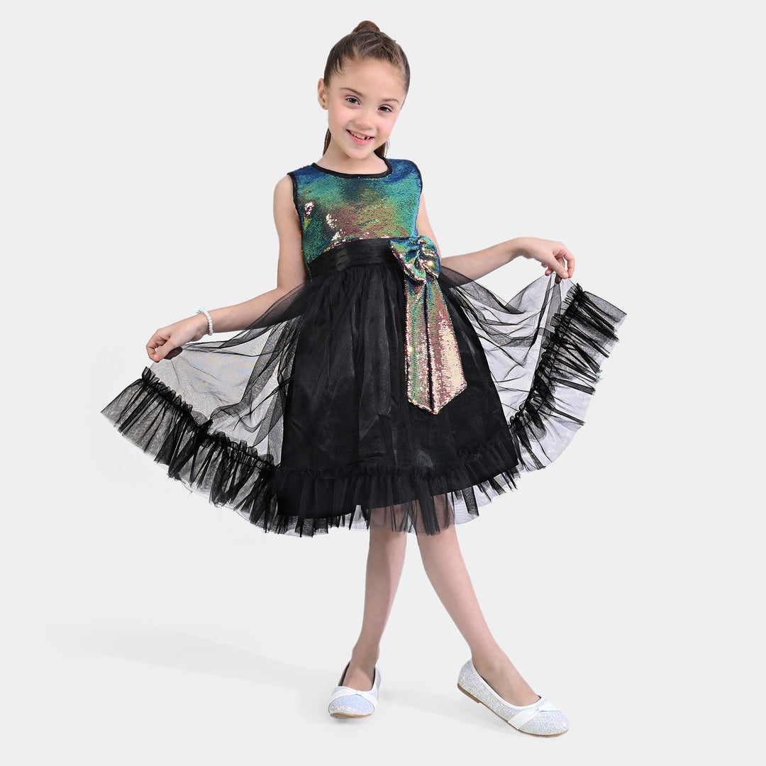 Girls Fancy Frock Multi Black Sequins-BLACK