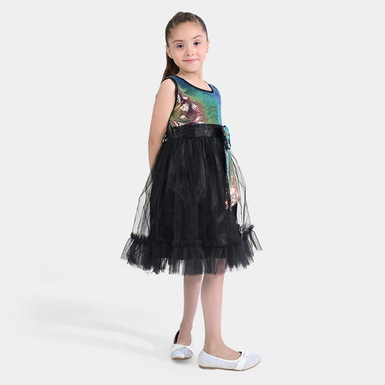 Girls Fancy Frock Multi Black Sequins-BLACK