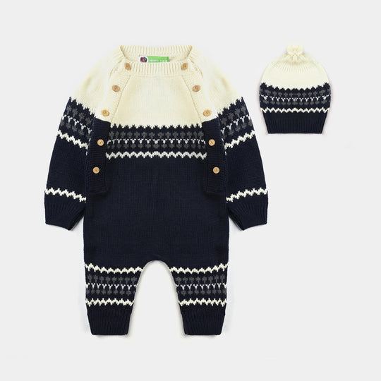 Infant Boys Sweater Knit Romper W/Cap Amulet-Navy-Off White