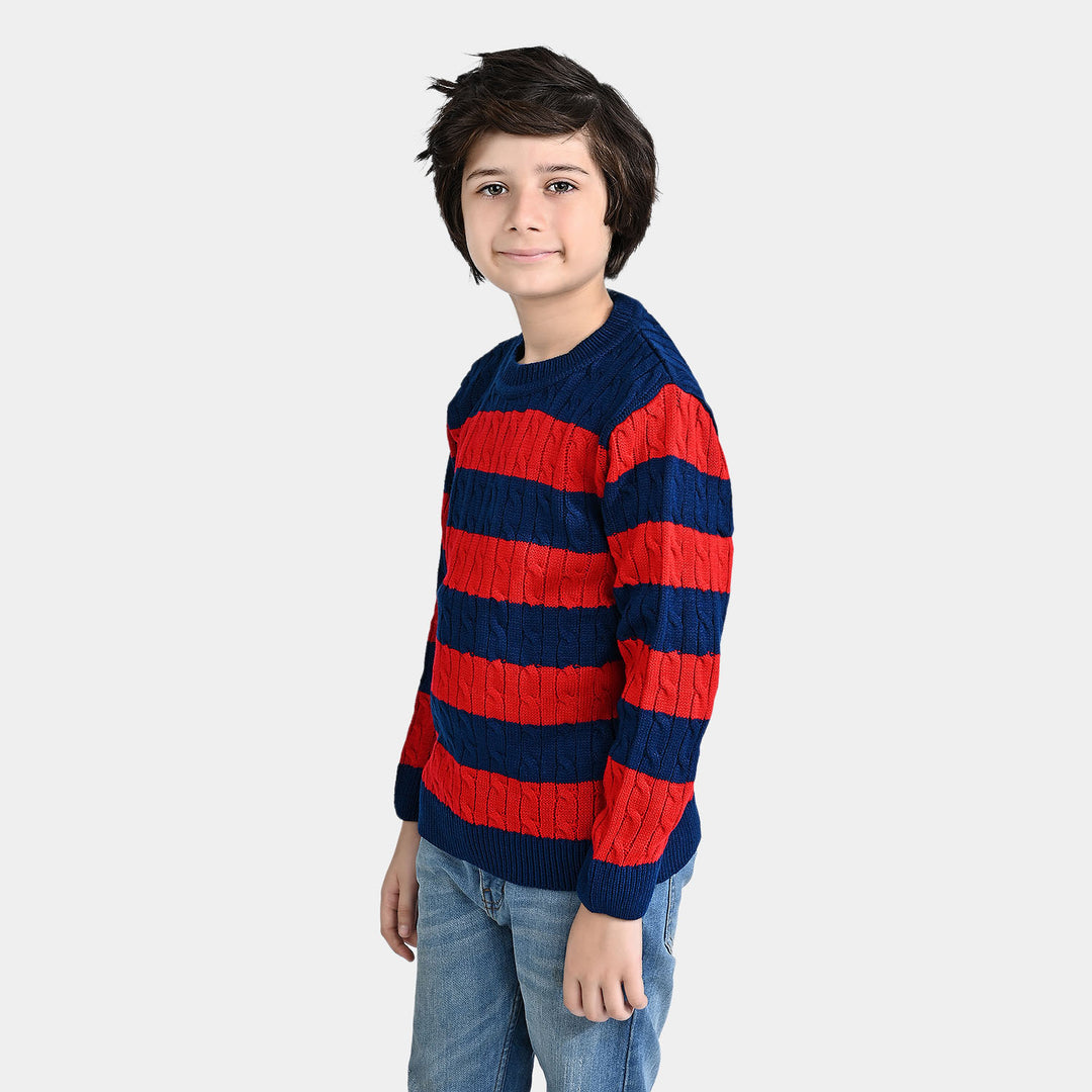 Boys Acrylic Sweater Cable Stripe-Navy/Red