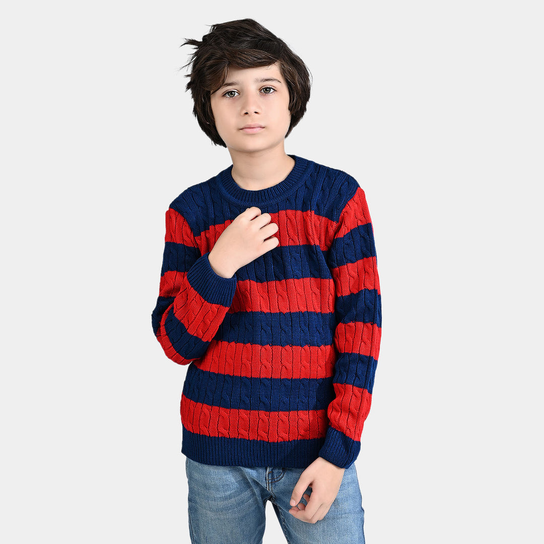 Boys Acrylic Sweater Cable Stripe-Navy/Red