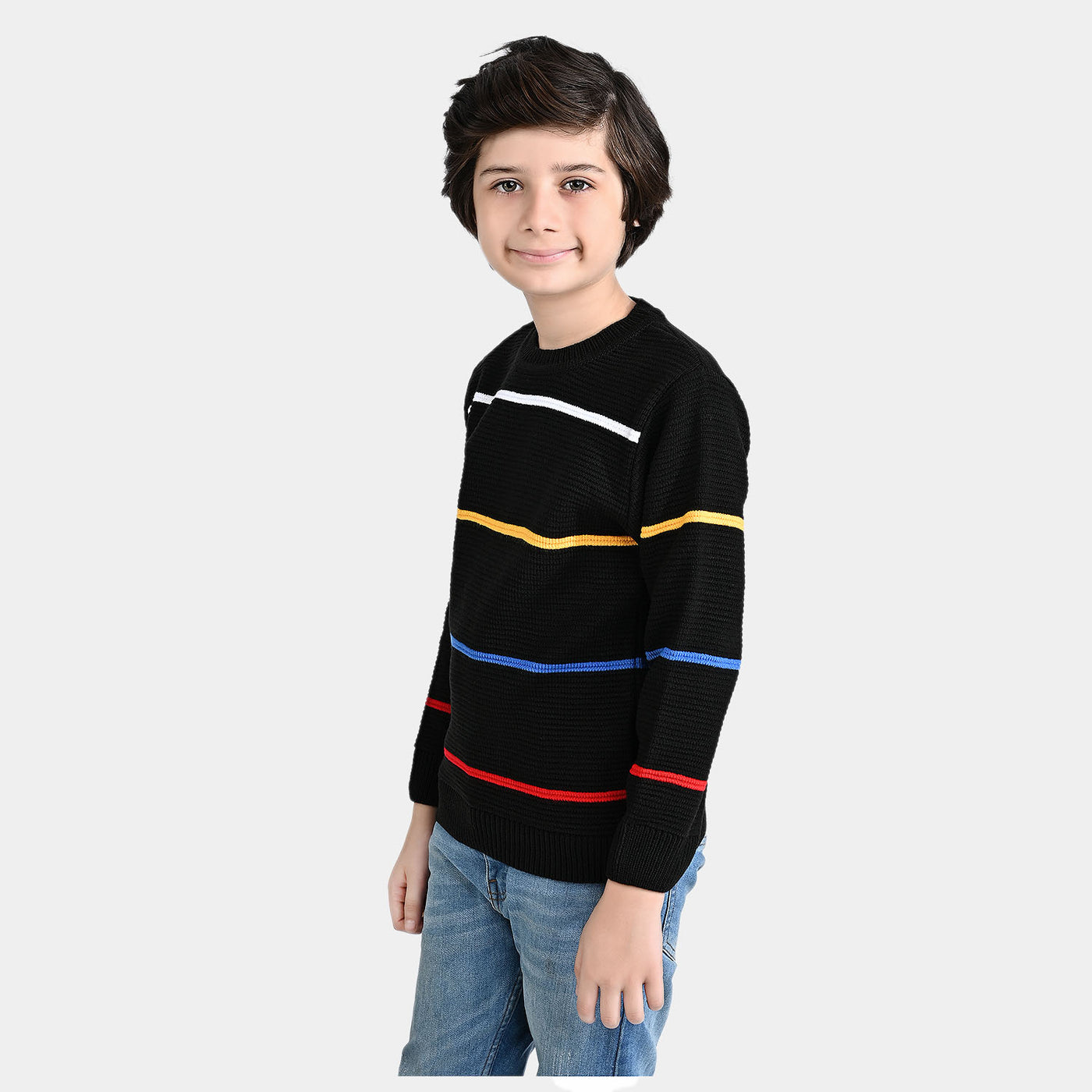 Boys Acrylic Sweater Multi Ottoman-BLACK