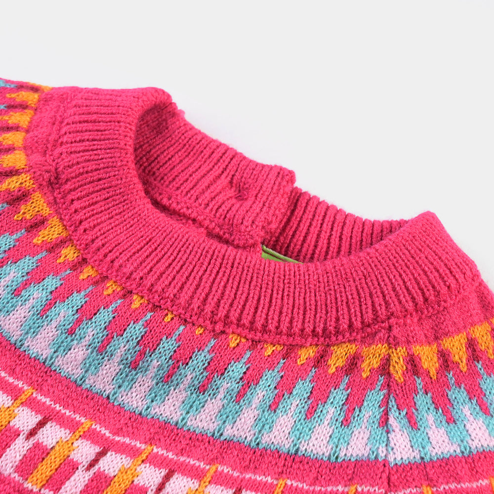 Infant Girls Acrylic Sweater Pompom Fusion-Hot Pink