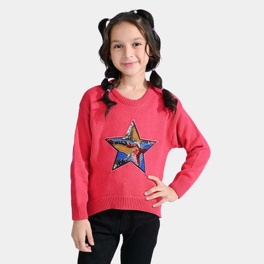 Girls Acrylic Sweater Glow Star-Hot Pink