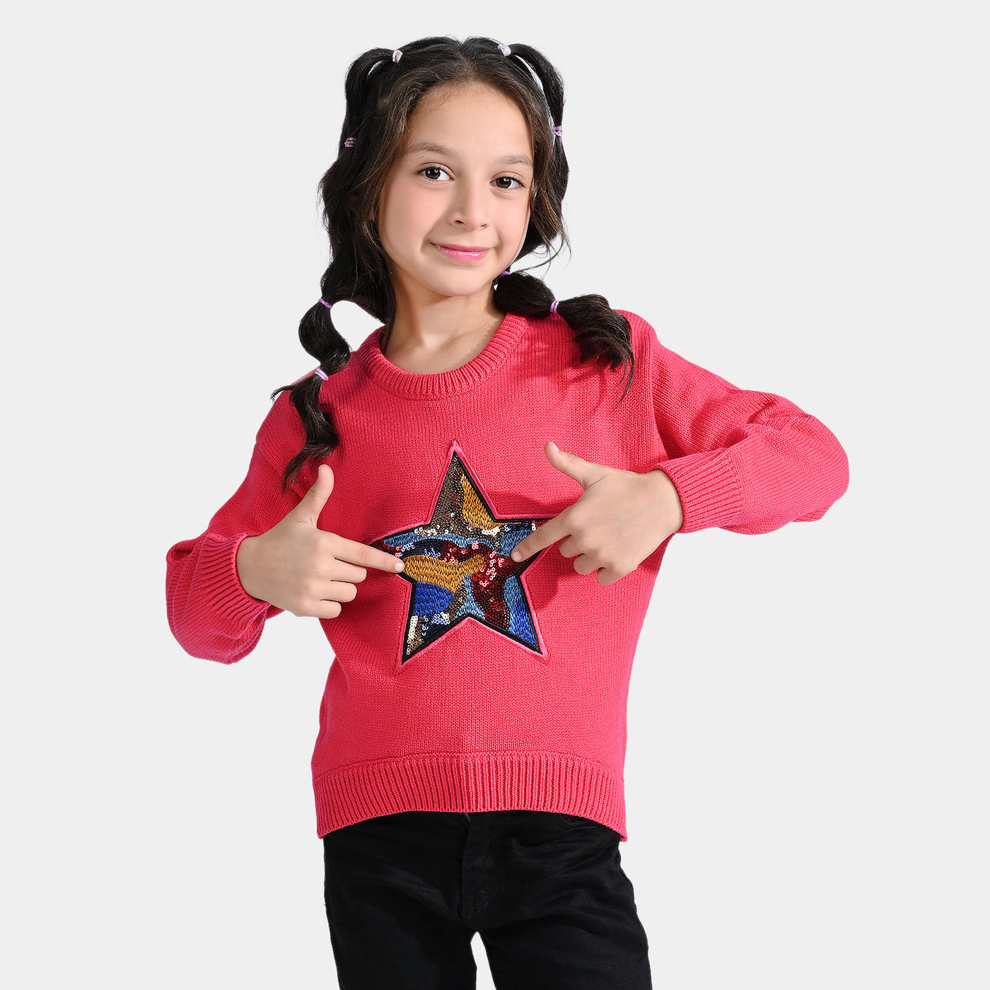 Girls Acrylic Sweater Glow Star-Hot Pink