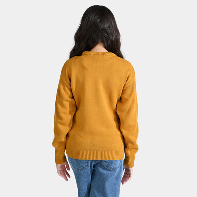 Girls Acrylic Sweater Rainbow heart-Mustard