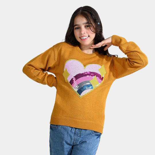 Girls Acrylic Sweater Rainbow heart-Mustard