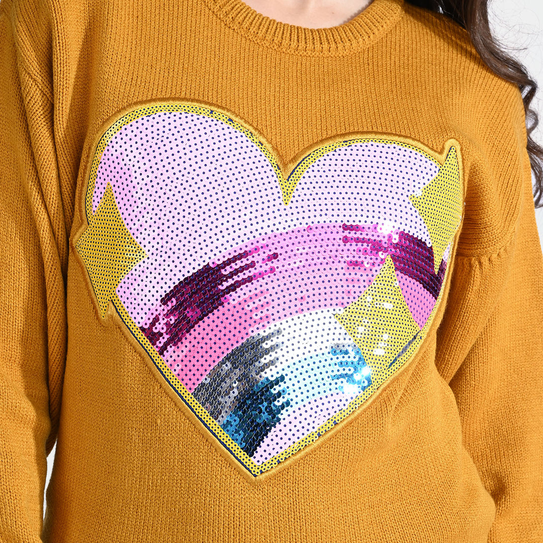 Girls Acrylic Sweater Rainbow heart-Mustard