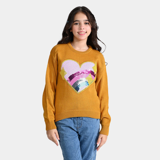 Girls Acrylic Sweater Rainbow heart-Mustard