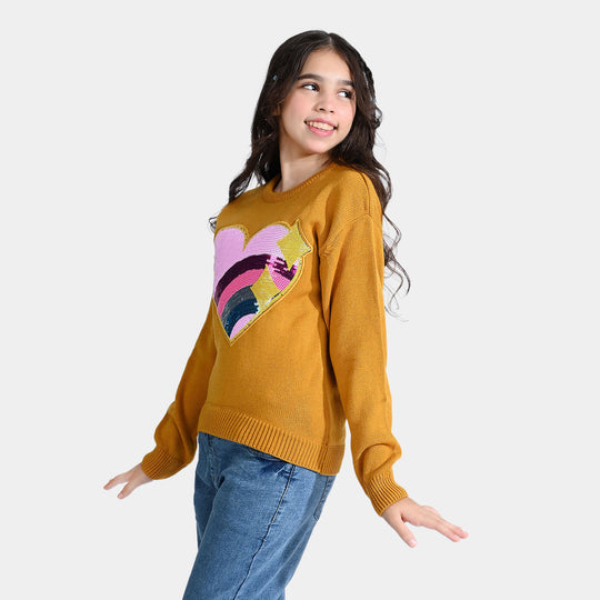 Girls Acrylic Sweater Rainbow heart-Mustard