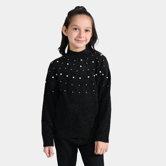 Girls Feather-Acrylic Sweater Feather Pearl-BLACK