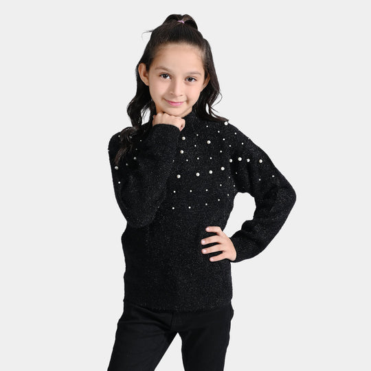 Girls Feather-Acrylic Sweater Feather Pearl-BLACK