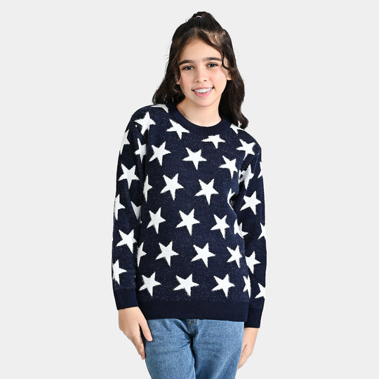 Girls Feather-Acrylic Sweater Feather Stars-NAVY