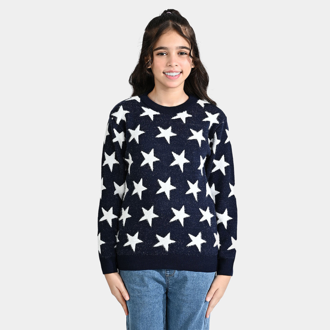 Girls Feather-Acrylic Sweater Feather Stars-NAVY