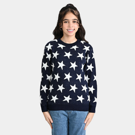 Girls Feather-Acrylic Sweater Feather Stars-NAVY