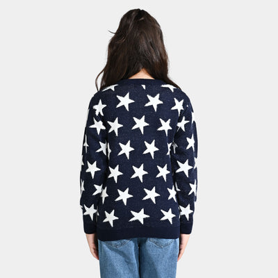 Girls Feather-Acrylic Sweater Feather Stars-NAVY