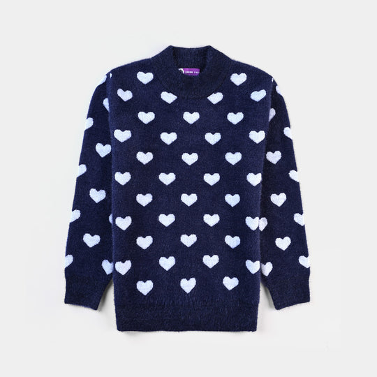 Girls Feather-Acrylic Sweater Feather Hearts-NAVY