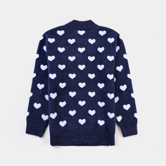 Girls Feather-Acrylic Sweater Feather Hearts-NAVY