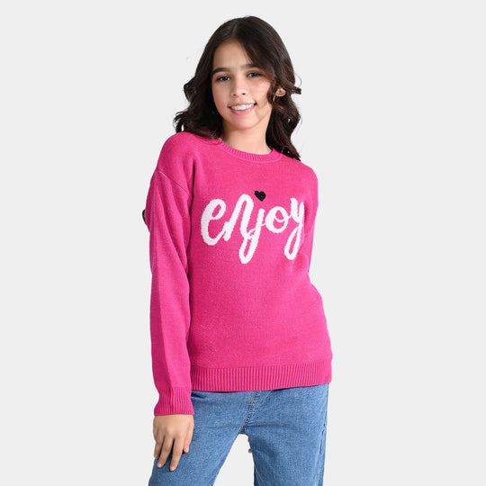 Girls Feather-Acrylic Sweater Enjoy-Hot Pink