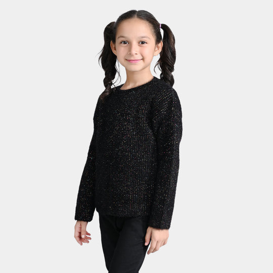 Girls Acrylic-Feather Lurex Sweater-BLACK