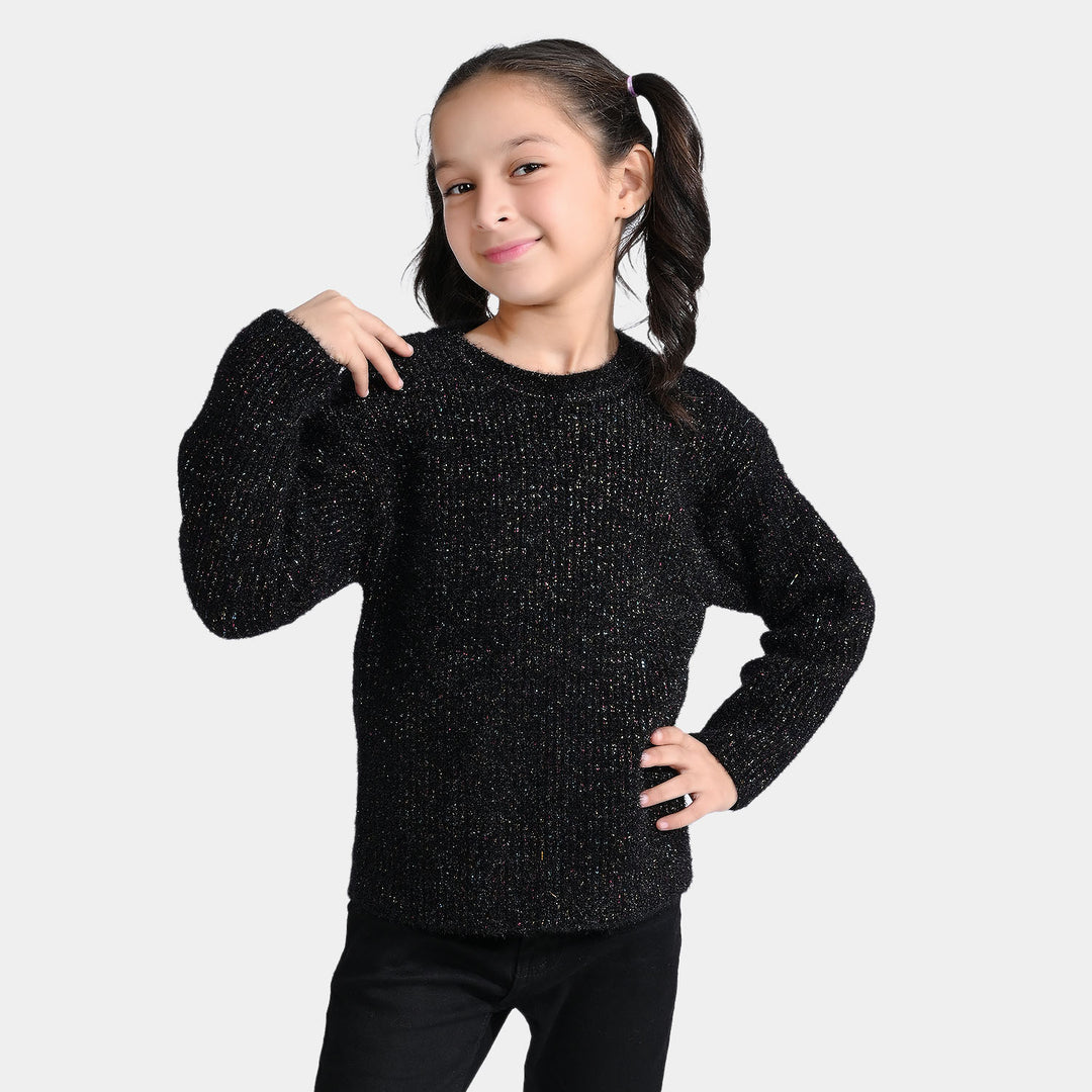 Girls Acrylic-Feather Lurex Sweater-BLACK