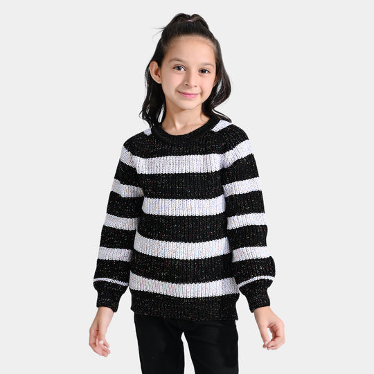 Girls Acrylic-Feather Lurex Sweater-Black/White