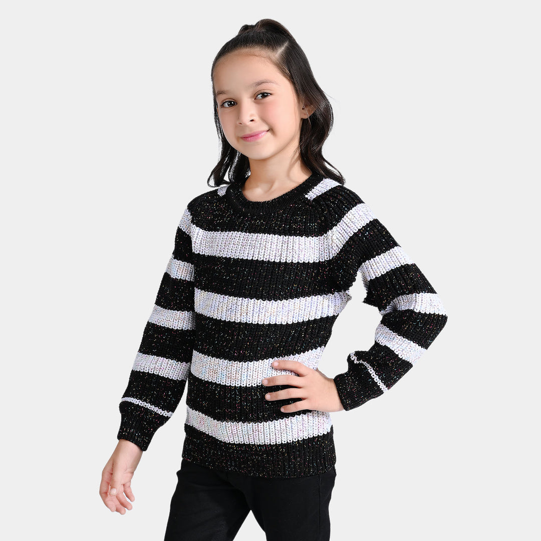 Girls Acrylic-Feather Lurex Sweater-Black/White