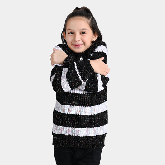 Girls Acrylic-Feather Lurex Sweater-Black/White