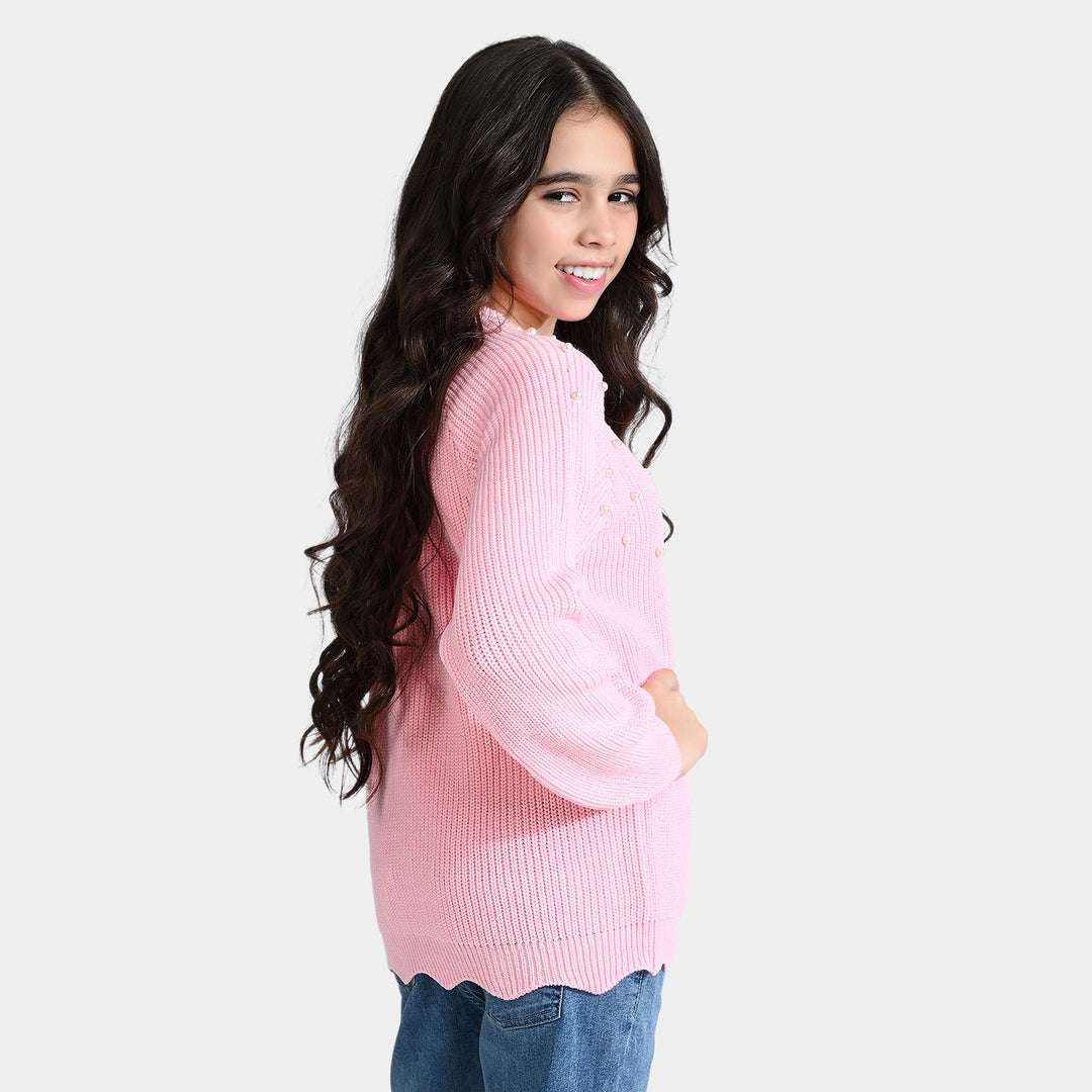 Girls Acrylic Sweater Akoya Pearls-Baby Pink