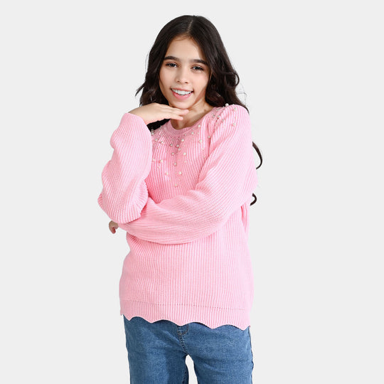 Girls Acrylic Sweater Akoya Pearls-Baby Pink