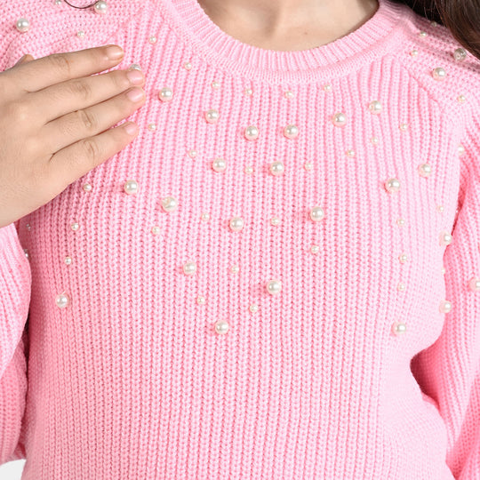 Girls Acrylic Sweater Akoya Pearls-Baby Pink