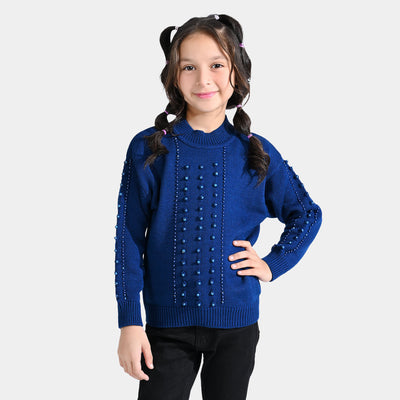 Girls Acrylic Sweater Wander Pearls-Blue