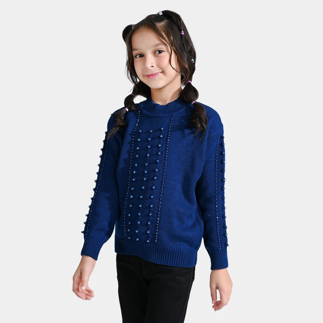 Girls Acrylic Sweater Wander Pearls-Blue