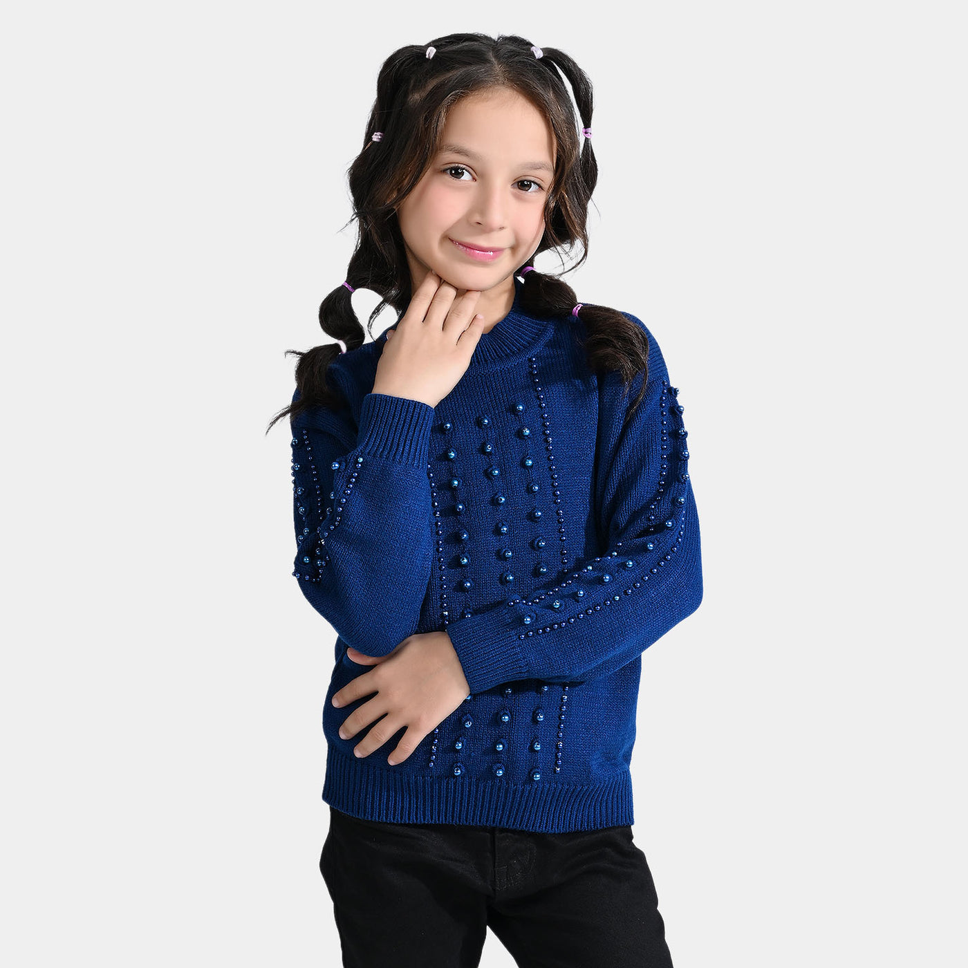 Girls Acrylic Sweater Wander Pearls-Blue