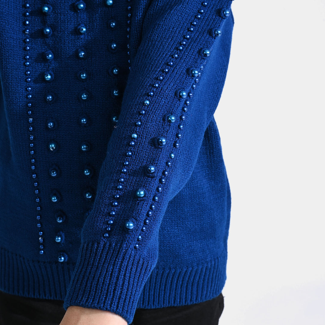 Girls Acrylic Sweater Wander Pearls-Blue