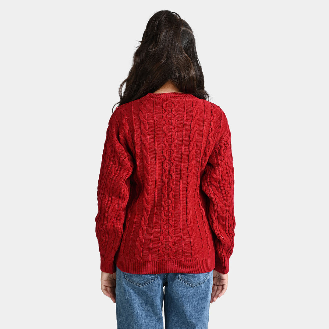 Girls Acrylic Sweater Cable Pearls-MAROON